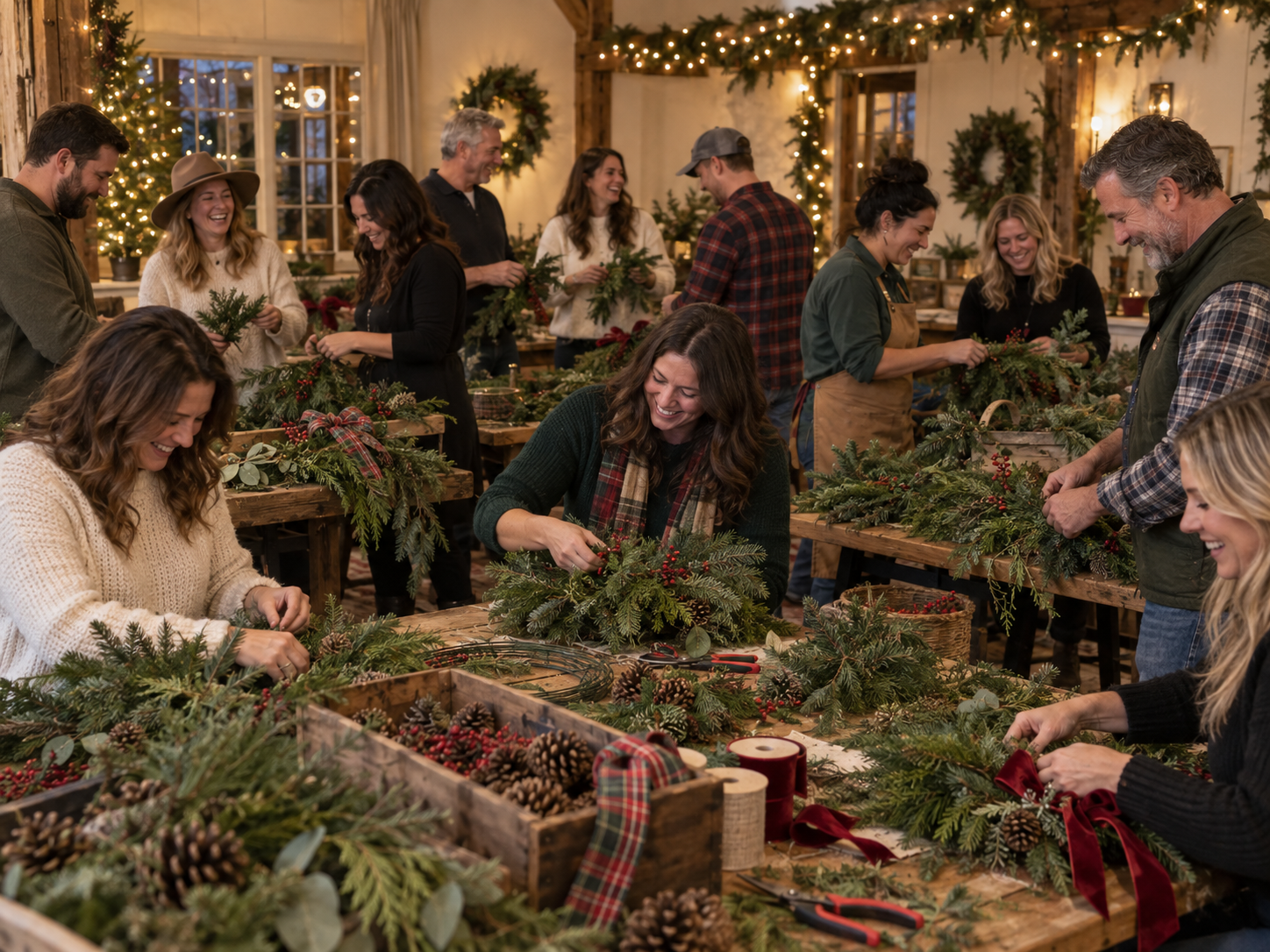 A group gathered around rustic tables making fresh evergreen wreaths together