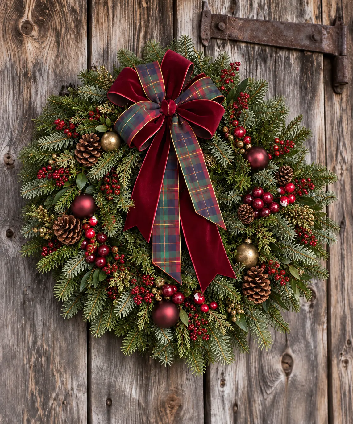 Handmade evergreen wreath with red berries, pine cones and a tartan velvet bow on a weathered barn door