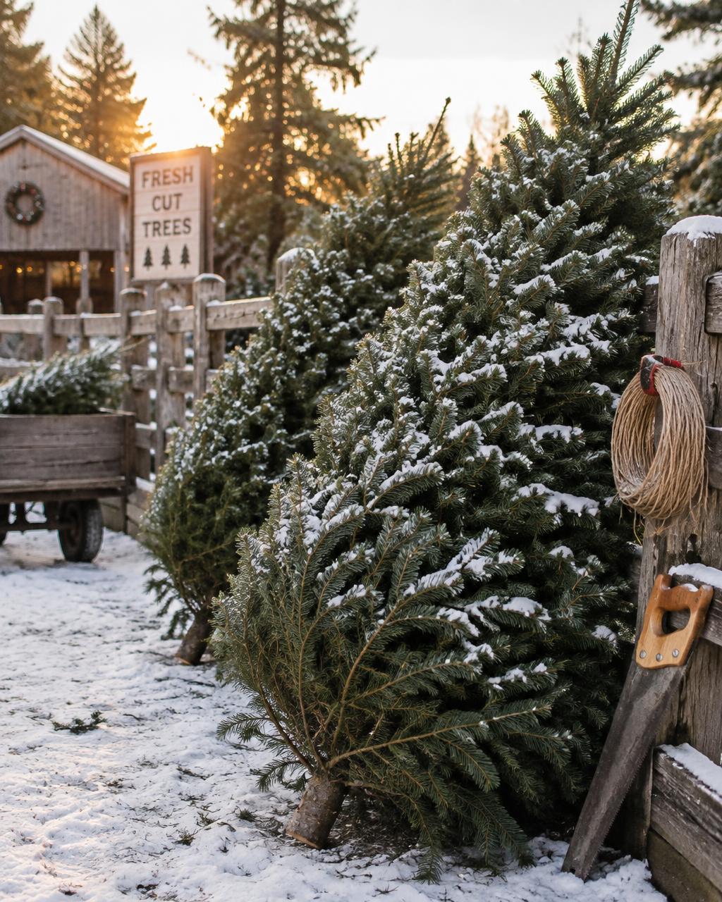 Fresh-cut Christmas trees leaning against a wooden fence at a snowy tree farm