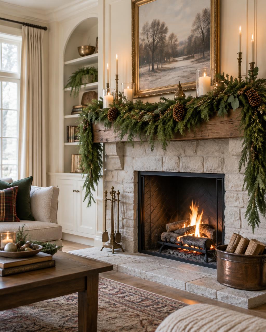 Fresh cedar and pine garland draped across a rustic mantel with candles
