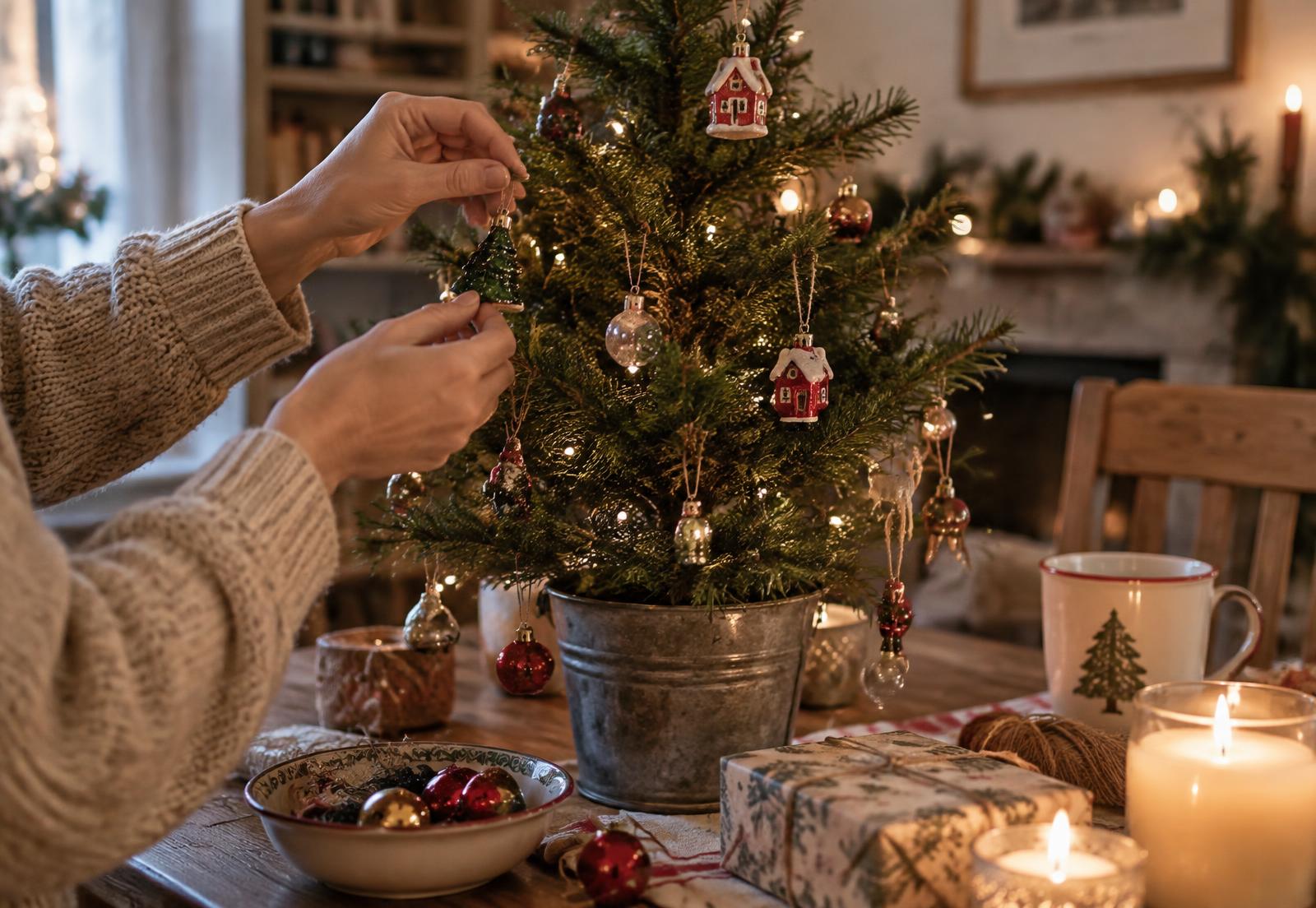 Hands decorating a fresh tabletop Christmas tree with ornaments and ribbon