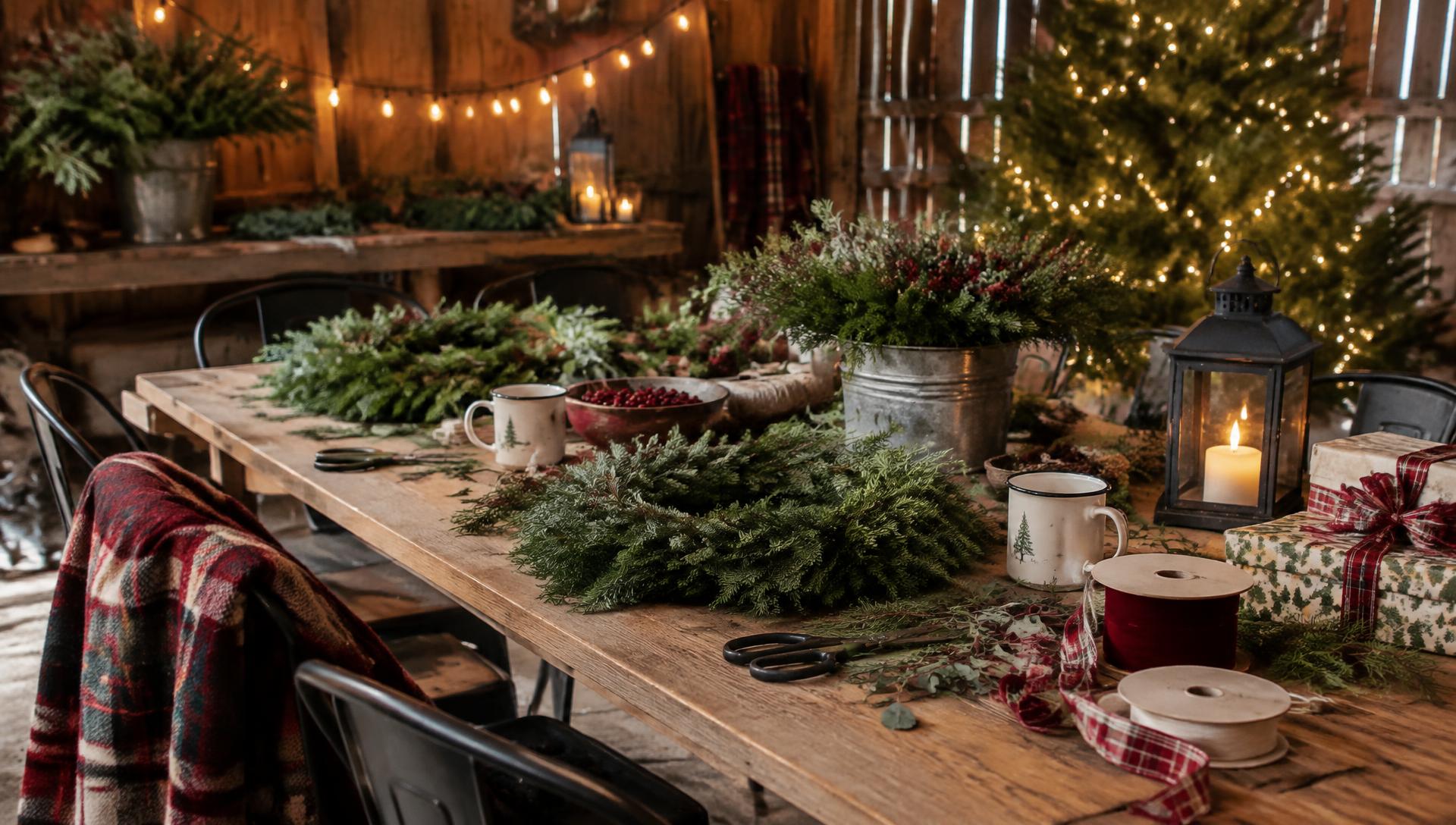 Rustic barn table set for a holiday wreath workshop with greenery, ribbon and lanterns
