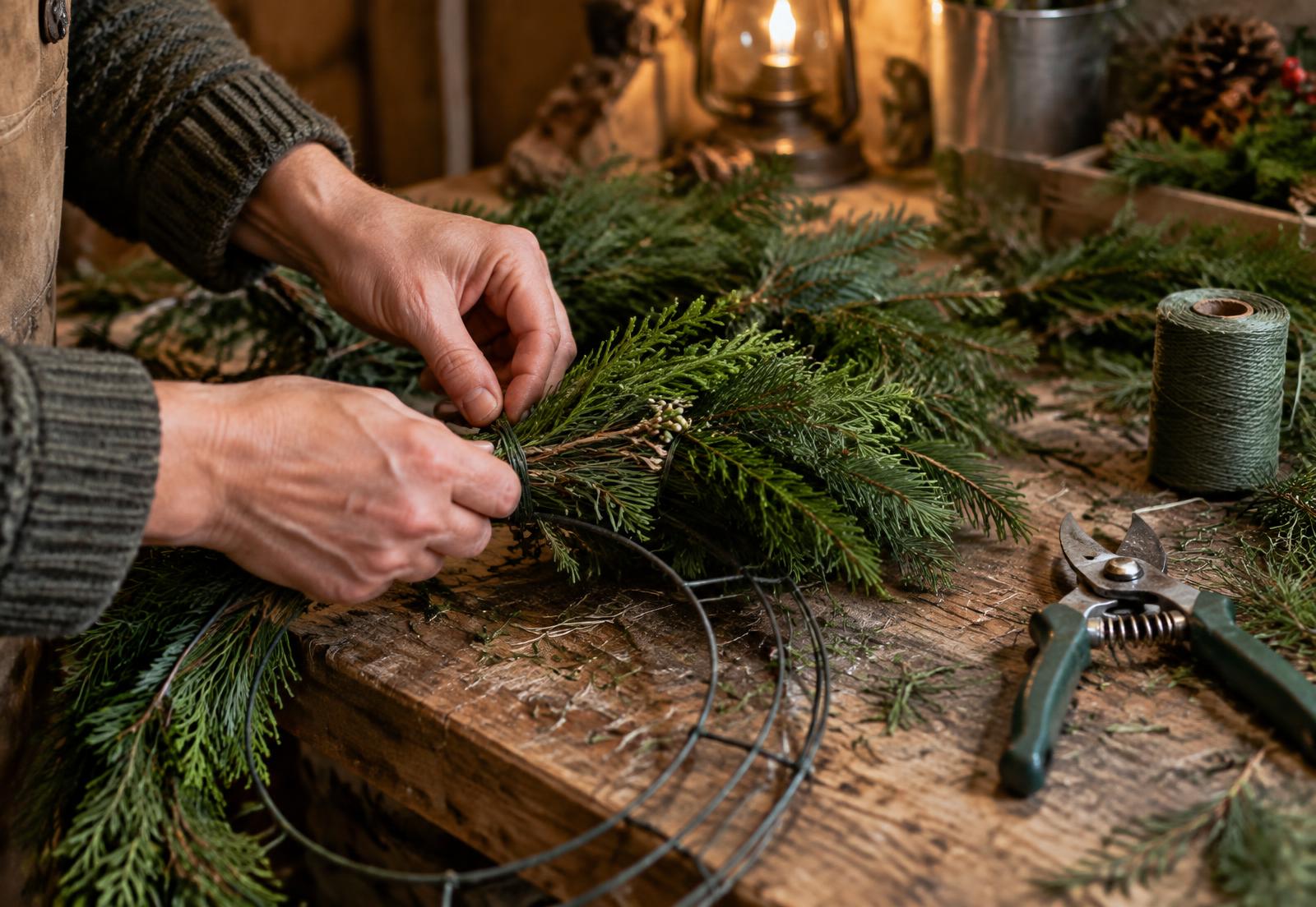 Hands wiring fresh evergreen boughs onto a wreath frame at a rustic workbench
